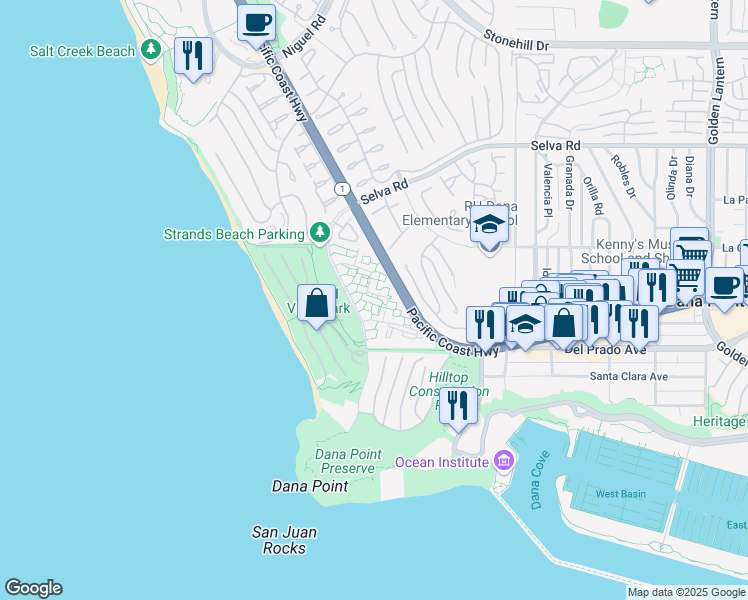 map of restaurants, bars, coffee shops, grocery stores, and more near 34120 Selva Road in Dana Point