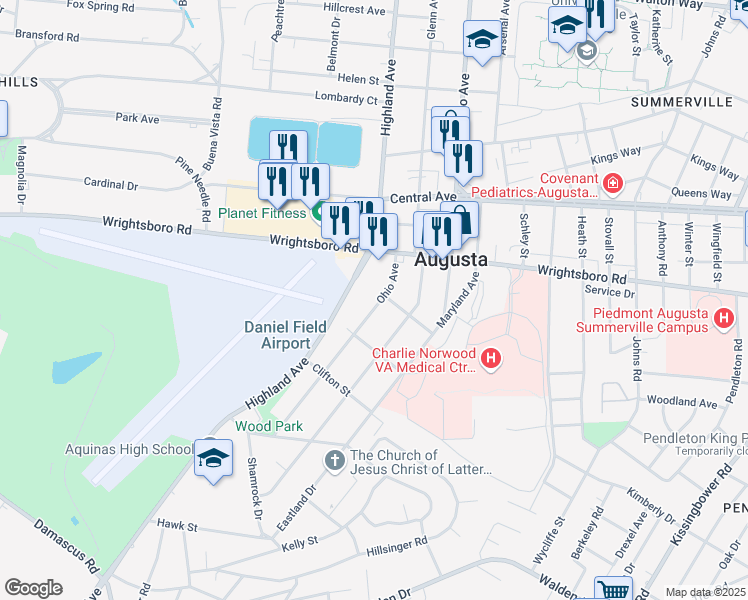 map of restaurants, bars, coffee shops, grocery stores, and more near 1851 Ohio Avenue in Augusta