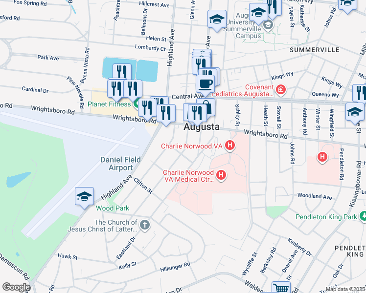 map of restaurants, bars, coffee shops, grocery stores, and more near 1721 Pennsylvania Avenue in Augusta