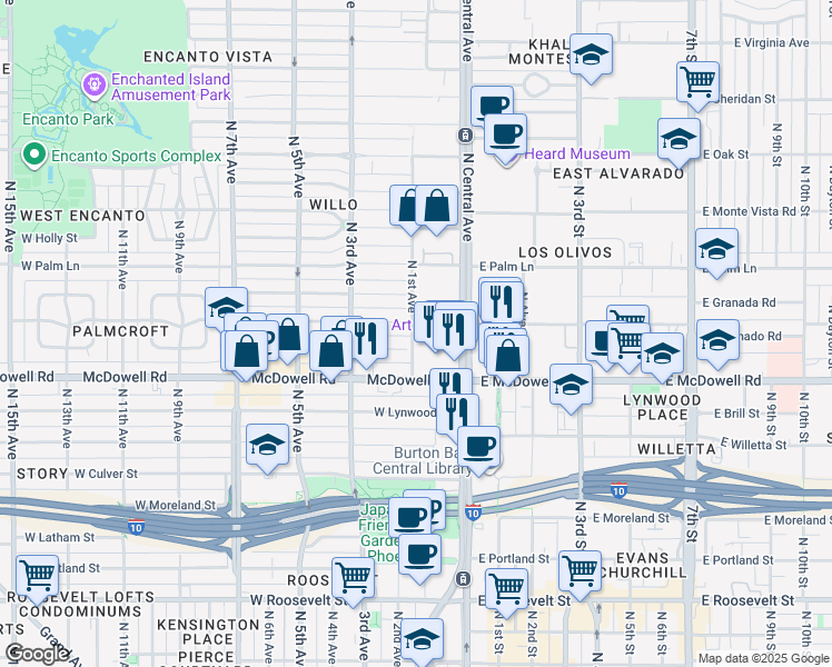 map of restaurants, bars, coffee shops, grocery stores, and more near 1701 North 1st Avenue in Phoenix