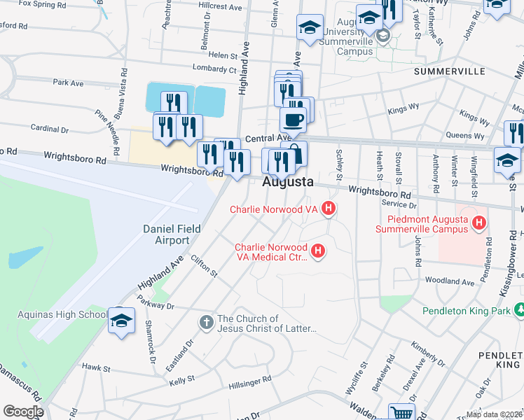 map of restaurants, bars, coffee shops, grocery stores, and more near 1805 Pennsylvania Avenue in Augusta