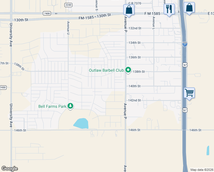 map of restaurants, bars, coffee shops, grocery stores, and more near 13916 C R 2300 in Lubbock