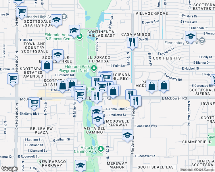 map of restaurants, bars, coffee shops, grocery stores, and more near 7770 East McDowell Road in Scottsdale