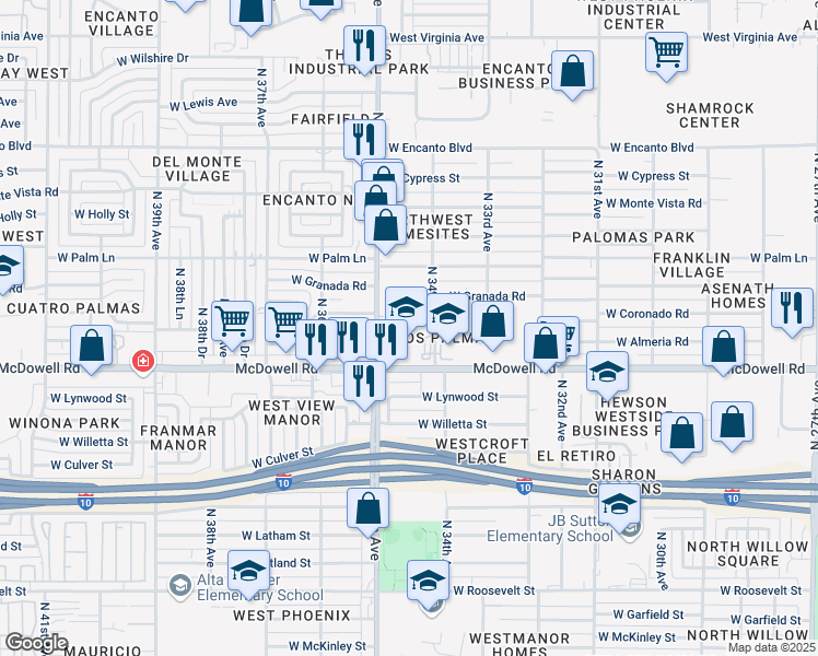 map of restaurants, bars, coffee shops, grocery stores, and more near 3402 West McDowell Road in Phoenix