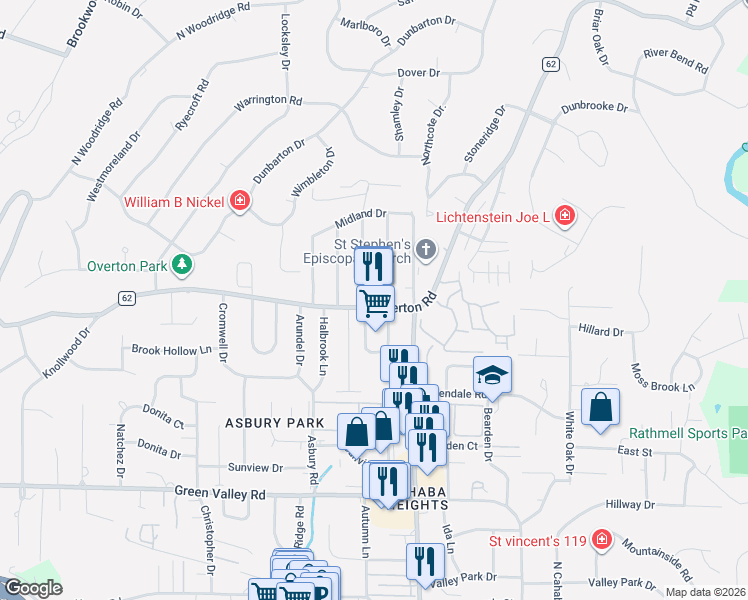 map of restaurants, bars, coffee shops, grocery stores, and more near 3150 Overton Road in Mountain Brook