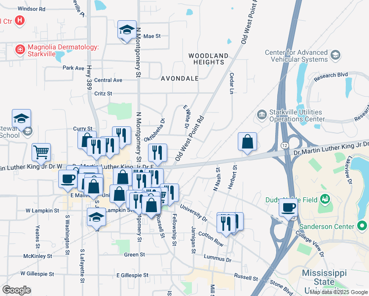 map of restaurants, bars, coffee shops, grocery stores, and more near 211 Old West Point Road in Starkville
