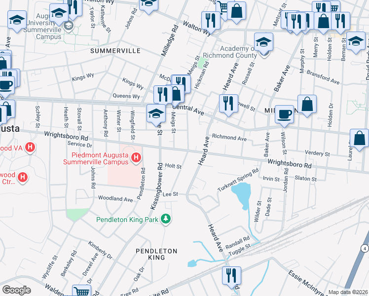 map of restaurants, bars, coffee shops, grocery stores, and more near 1311 Hickman Road in Augusta