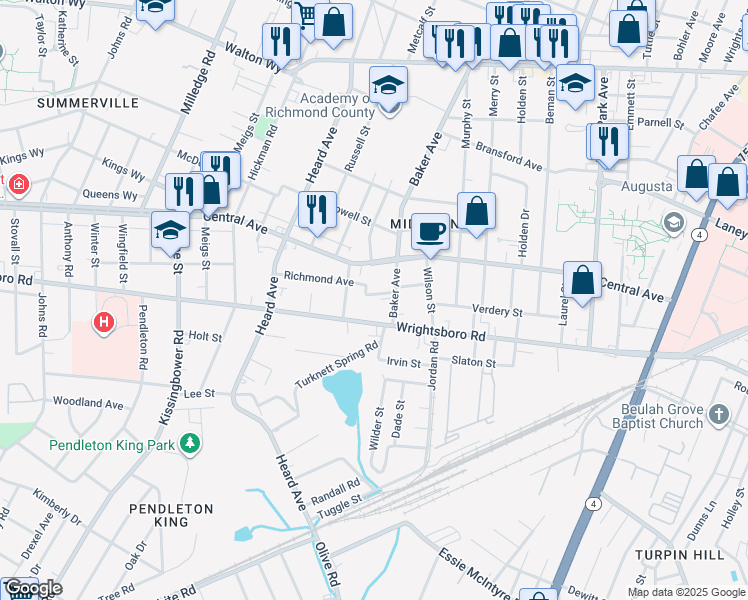 map of restaurants, bars, coffee shops, grocery stores, and more near 1915 Richmond Avenue in Augusta