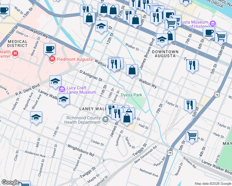 map of restaurants, bars, coffee shops, grocery stores, and more near 937 D'Antignac Street in Augusta