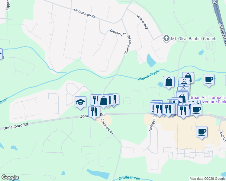 map of restaurants, bars, coffee shops, grocery stores, and more near 1860 Chambers Road in McDonough