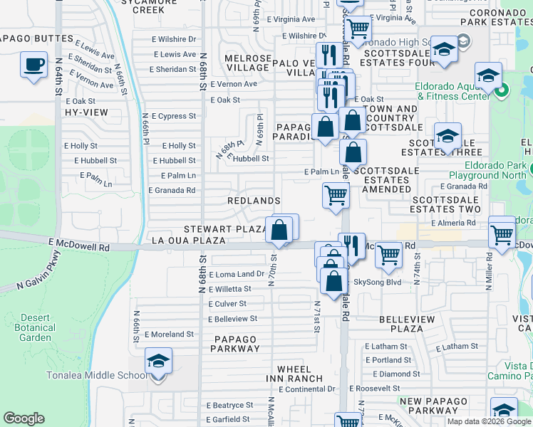 map of restaurants, bars, coffee shops, grocery stores, and more near 6922 East Coronado Road in Scottsdale