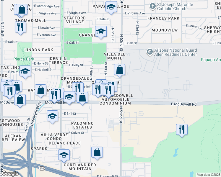 map of restaurants, bars, coffee shops, grocery stores, and more near 1811 North 51st Street in Phoenix