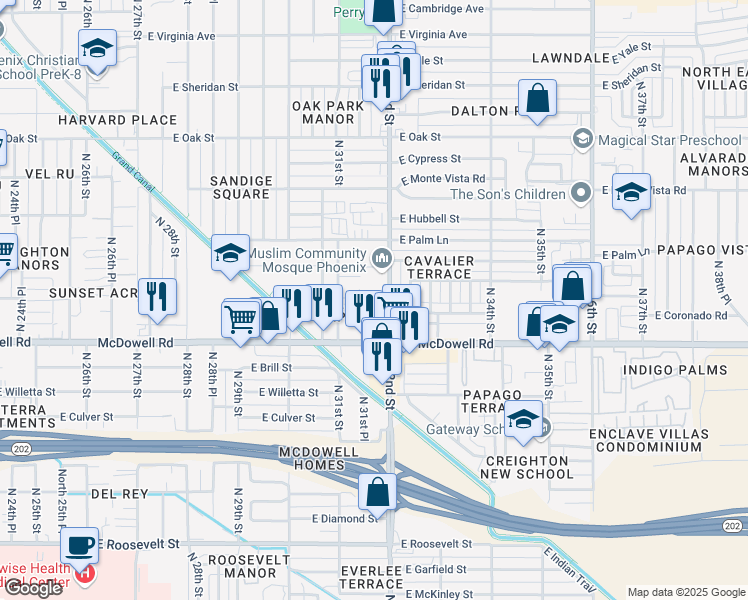 map of restaurants, bars, coffee shops, grocery stores, and more near 1809 North 32nd Street in Phoenix