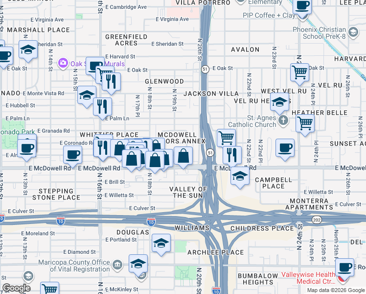 map of restaurants, bars, coffee shops, grocery stores, and more near 1906 East Coronado Road in Phoenix
