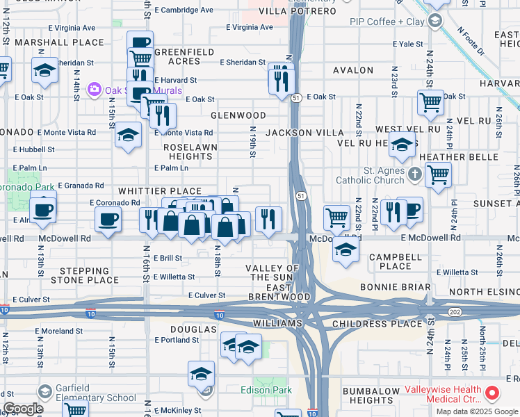 map of restaurants, bars, coffee shops, grocery stores, and more near 1906 East Coronado Road in Phoenix