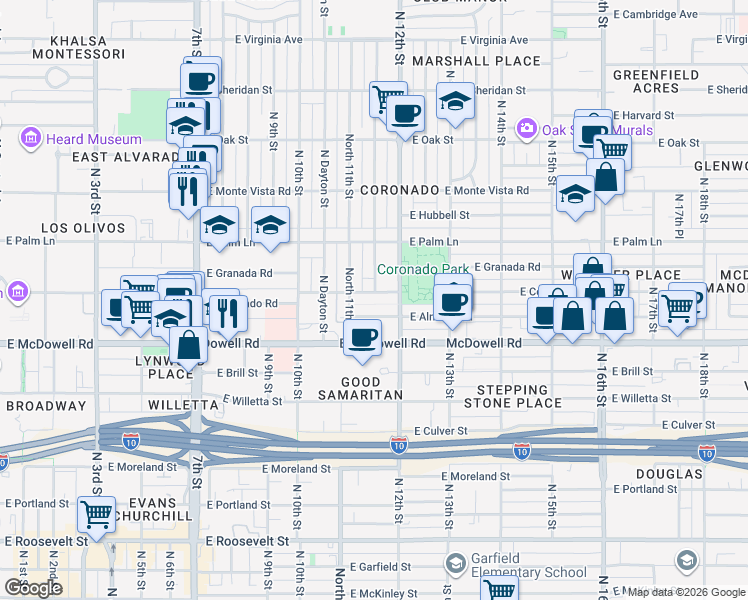map of restaurants, bars, coffee shops, grocery stores, and more near 1811 North Mitchell Street in Phoenix