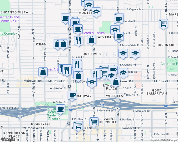 map of restaurants, bars, coffee shops, grocery stores, and more near 114 East Coronado Road in Phoenix