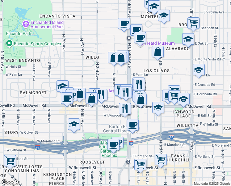 map of restaurants, bars, coffee shops, grocery stores, and more near 1719 North 1st Avenue in Phoenix
