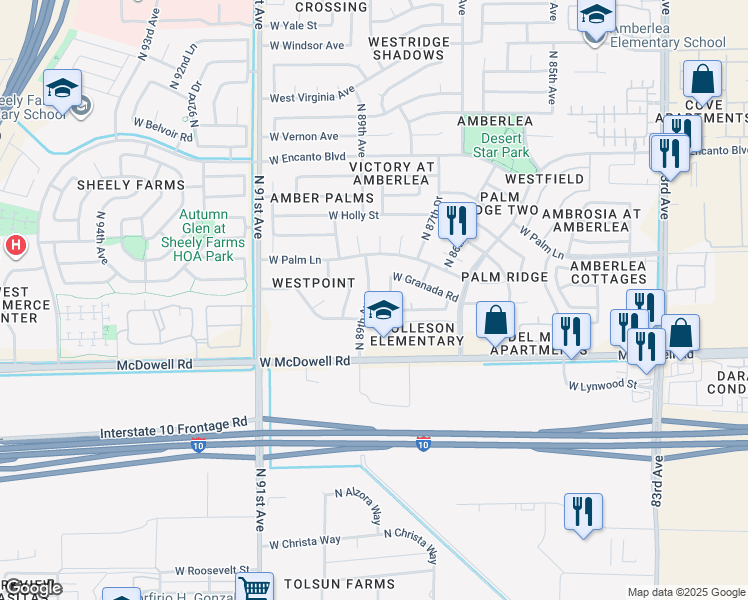 map of restaurants, bars, coffee shops, grocery stores, and more near 1829 North 89th Drive in Phoenix