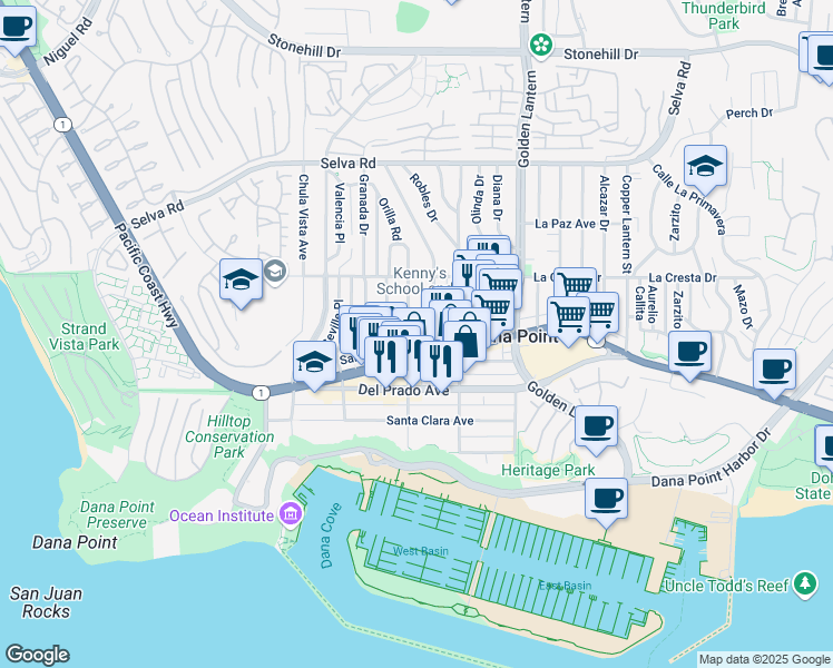 map of restaurants, bars, coffee shops, grocery stores, and more near 34072 Street of the Amber Lantern in Dana Point