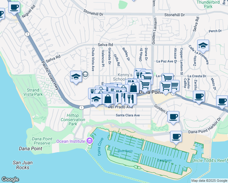 map of restaurants, bars, coffee shops, grocery stores, and more near 34072 Granada Drive in Dana Point