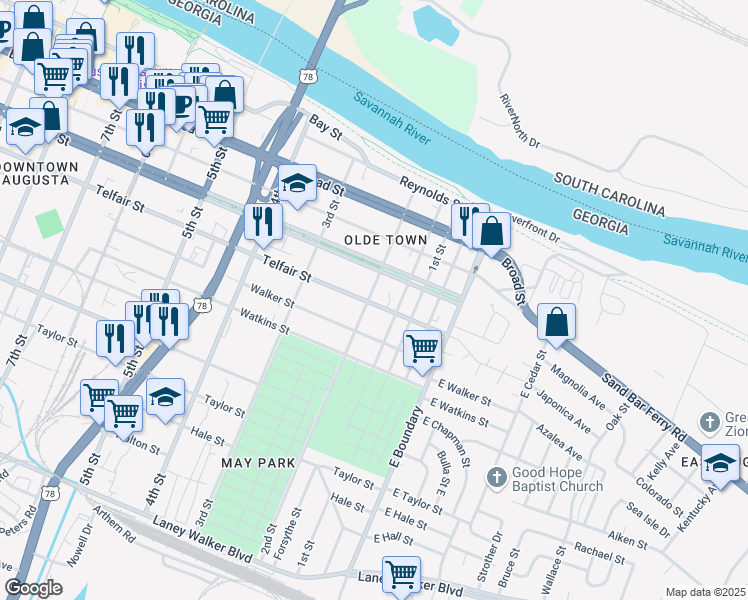 map of restaurants, bars, coffee shops, grocery stores, and more near 138 Greene Street in Augusta