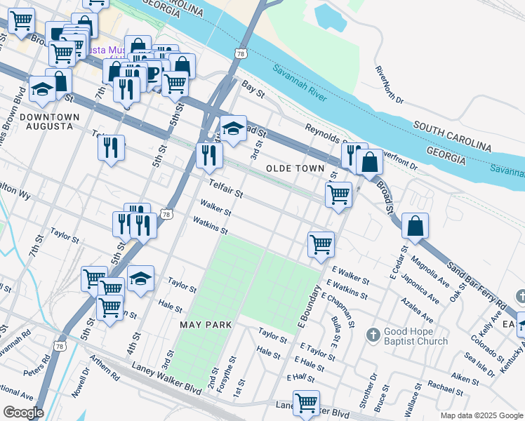 map of restaurants, bars, coffee shops, grocery stores, and more near 227 Telfair Street in Augusta
