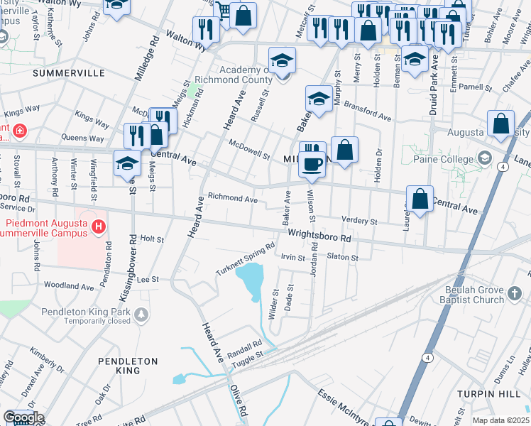 map of restaurants, bars, coffee shops, grocery stores, and more near 1915 Richmond Avenue in Augusta