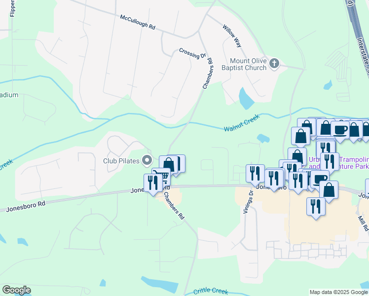 map of restaurants, bars, coffee shops, grocery stores, and more near 1860 Chambers Road in McDonough