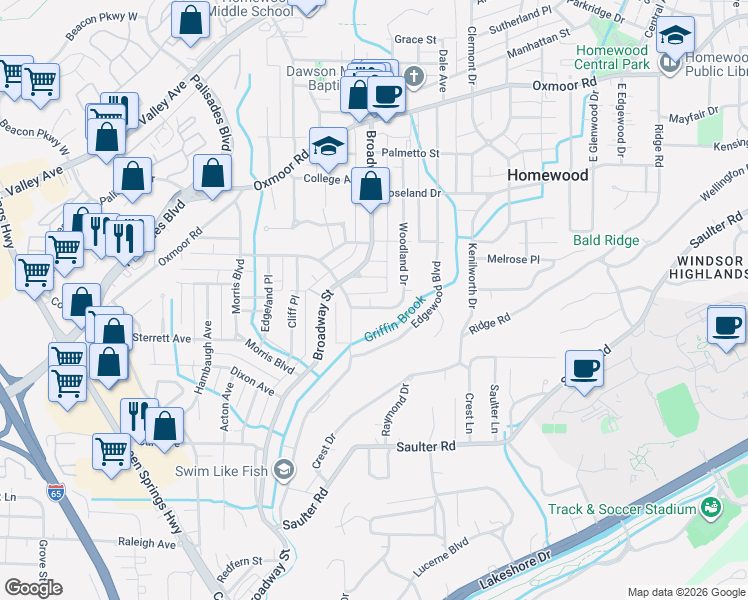 map of restaurants, bars, coffee shops, grocery stores, and more near 1013 Melrose Place in Birmingham