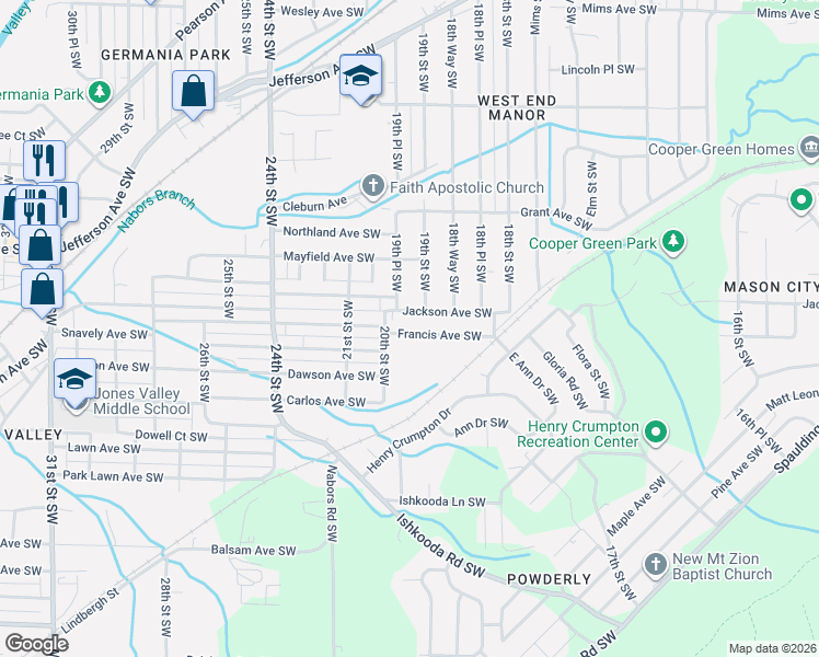 map of restaurants, bars, coffee shops, grocery stores, and more near 1680 19th Place Southwest in Birmingham