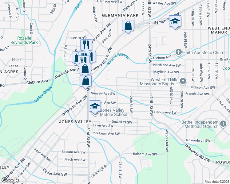 map of restaurants, bars, coffee shops, grocery stores, and more near in Birmingham