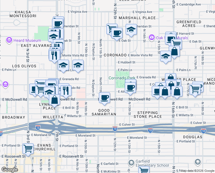map of restaurants, bars, coffee shops, grocery stores, and more near 1811 North Mitchell Street in Phoenix