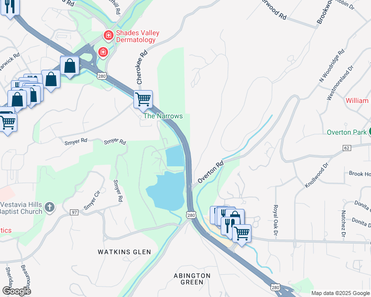 map of restaurants, bars, coffee shops, grocery stores, and more near 3060 U.S. 280 in Birmingham