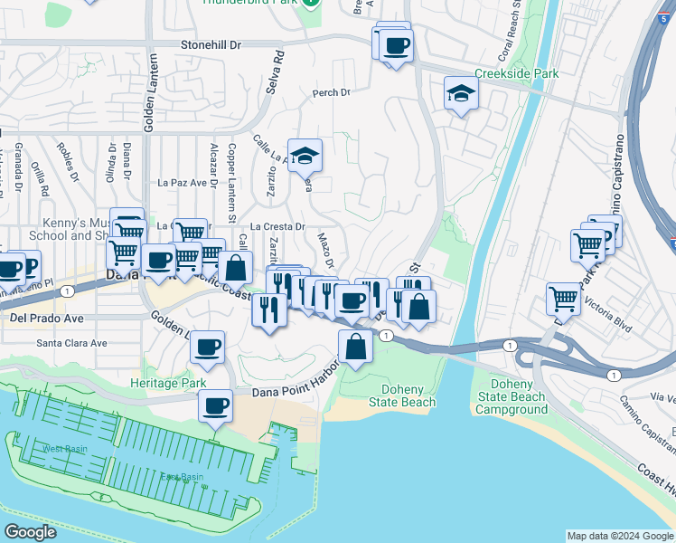 map of restaurants, bars, coffee shops, grocery stores, and more near Calle La Primavera & Mazo Drive in Dana Point