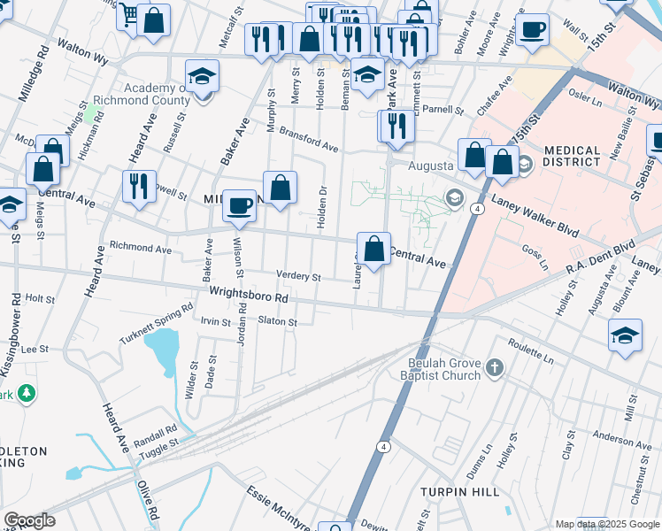 map of restaurants, bars, coffee shops, grocery stores, and more near 1620 Central Avenue in Augusta