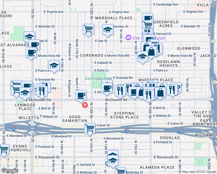 map of restaurants, bars, coffee shops, grocery stores, and more near 1302 East Coronado Road in Phoenix