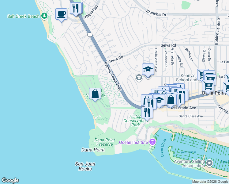 map of restaurants, bars, coffee shops, grocery stores, and more near 34110 Selva Road in Dana Point