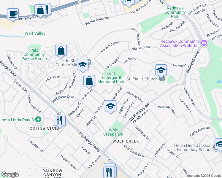 map of restaurants, bars, coffee shops, grocery stores, and more near 45495 Peacock Place in Temecula