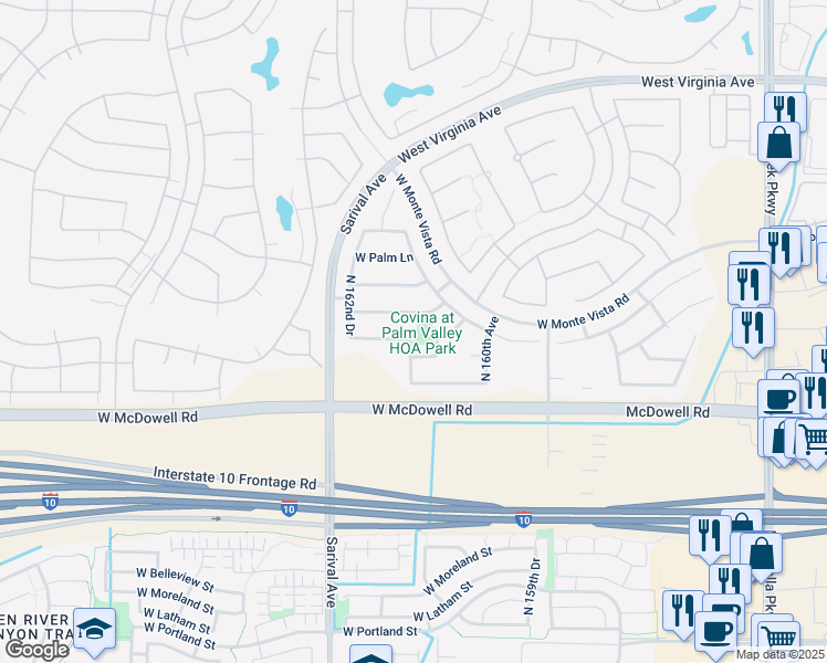 map of restaurants, bars, coffee shops, grocery stores, and more near 16184 West Berkeley Road in Goodyear