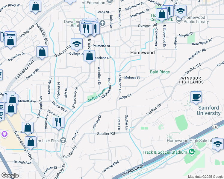 map of restaurants, bars, coffee shops, grocery stores, and more near 413 Edgewood Boulevard in Birmingham