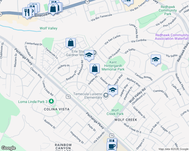 map of restaurants, bars, coffee shops, grocery stores, and more near 31536 Seastar Place in Temecula
