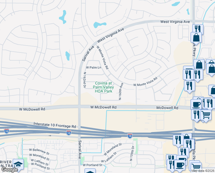 map of restaurants, bars, coffee shops, grocery stores, and more near 16135 West Berkeley Road in Goodyear