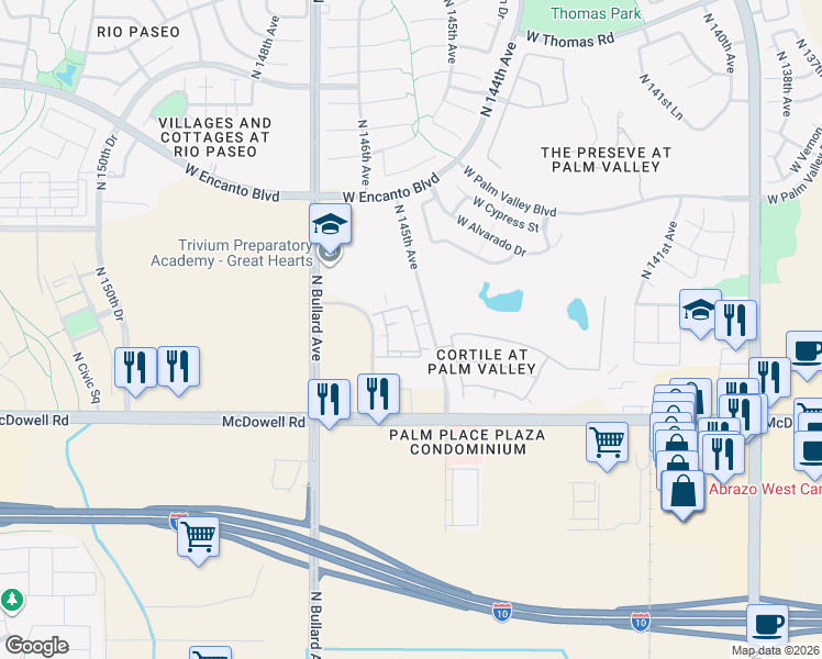 map of restaurants, bars, coffee shops, grocery stores, and more near 1830 North 145th Avenue in Goodyear