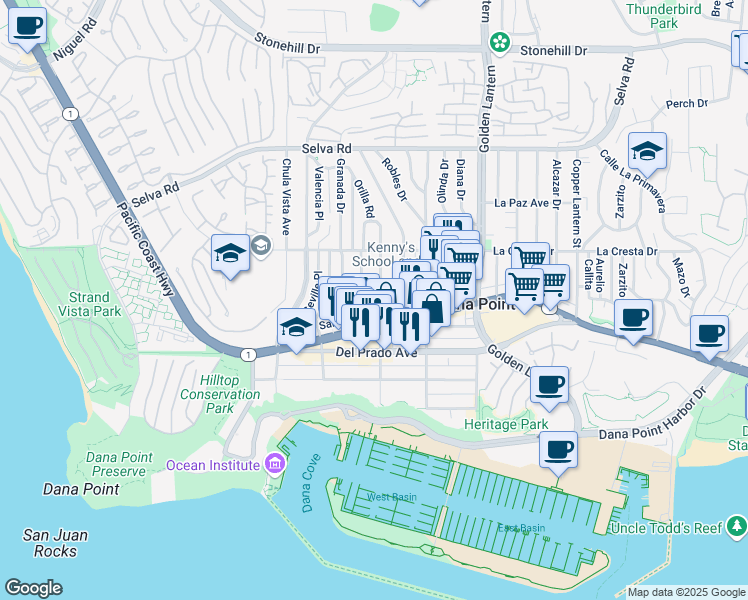 map of restaurants, bars, coffee shops, grocery stores, and more near 34072 Street of the Amber Lantern in Dana Point