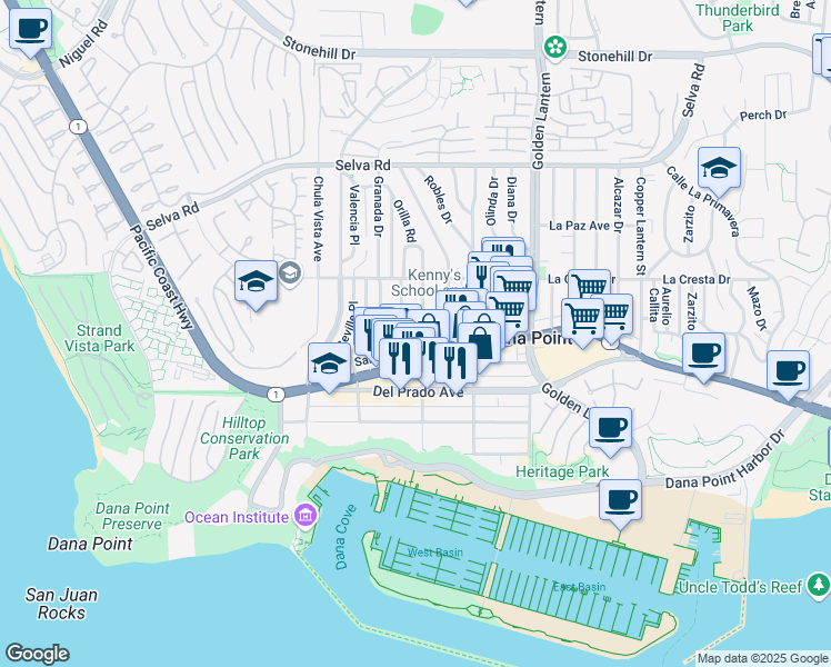 map of restaurants, bars, coffee shops, grocery stores, and more near 34121 Street of the Amber Lantern in Dana Point