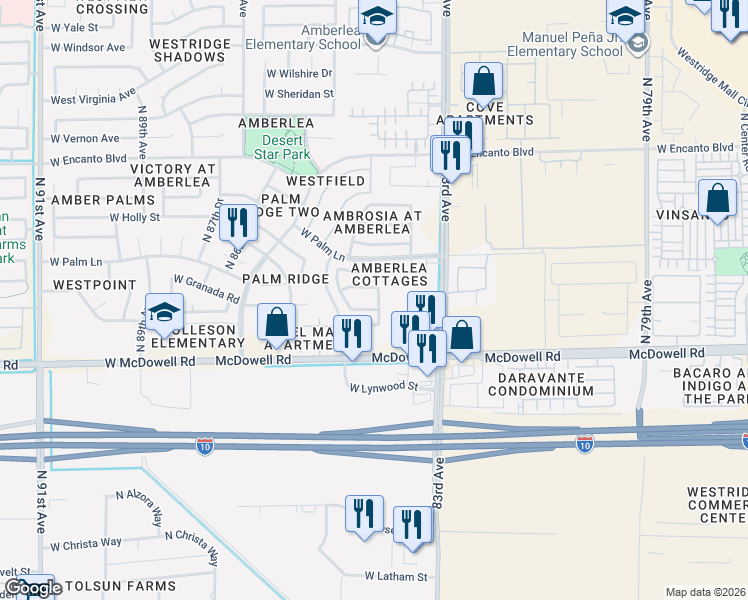 map of restaurants, bars, coffee shops, grocery stores, and more near 1825 North 84th Avenue in Phoenix