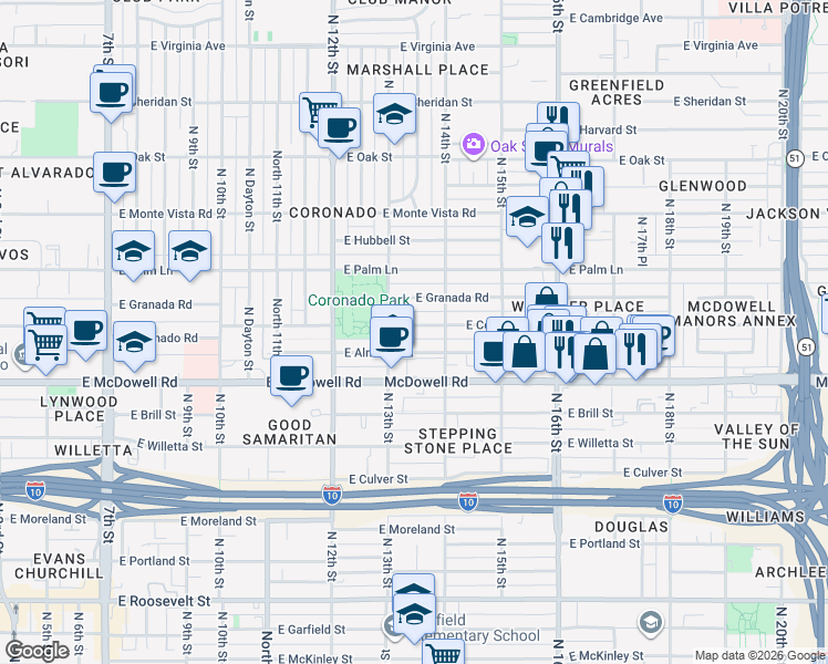 map of restaurants, bars, coffee shops, grocery stores, and more near 1330 East Coronado Road in Phoenix
