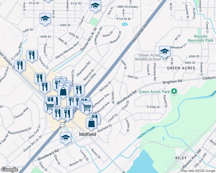 map of restaurants, bars, coffee shops, grocery stores, and more near 377 Belcher Drive in Birmingham