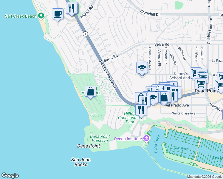 map of restaurants, bars, coffee shops, grocery stores, and more near 34022 Selva Road in Dana Point
